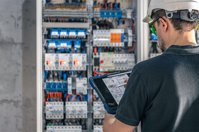 Un électricien regarde sa tablette