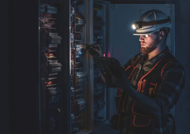 Électricien répare un panneau lors d'une panne de courant